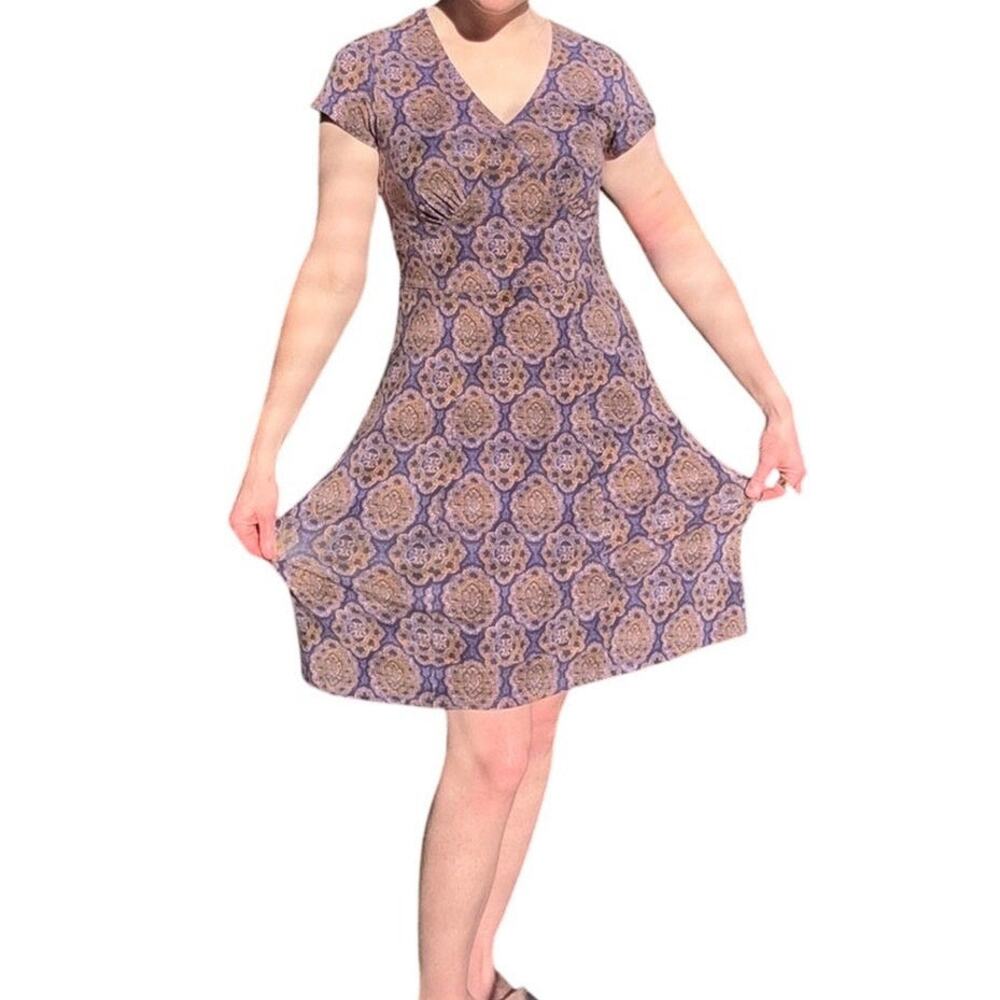 Sahalie Cotton Modal Dress Sustainable Sz Small Cap Sleeve A Line Blue Yellow
